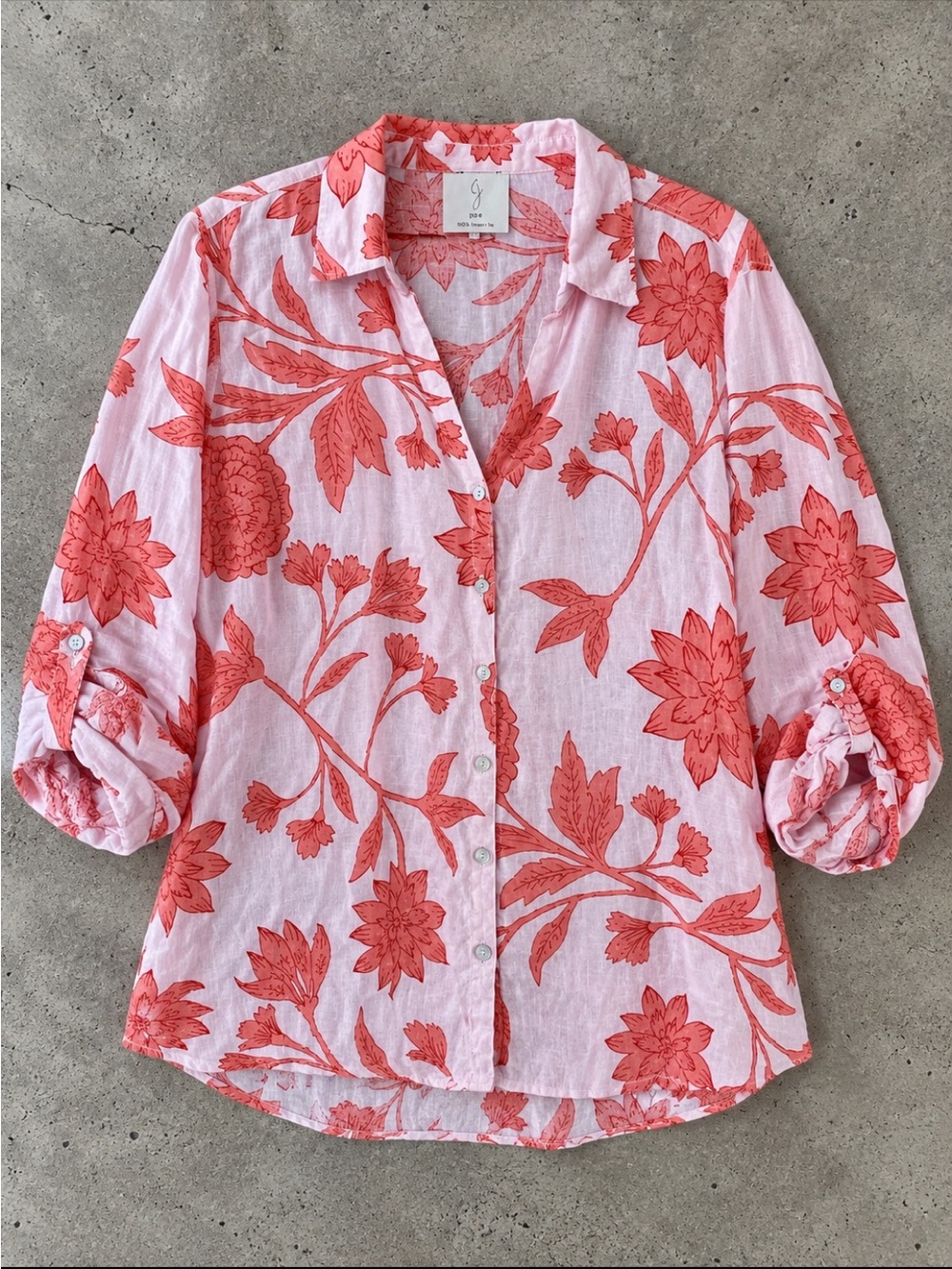 Joie 100% Linen Floral Button Down Blouse Roll Tab Sleeve Pink Coral 2X Coastal